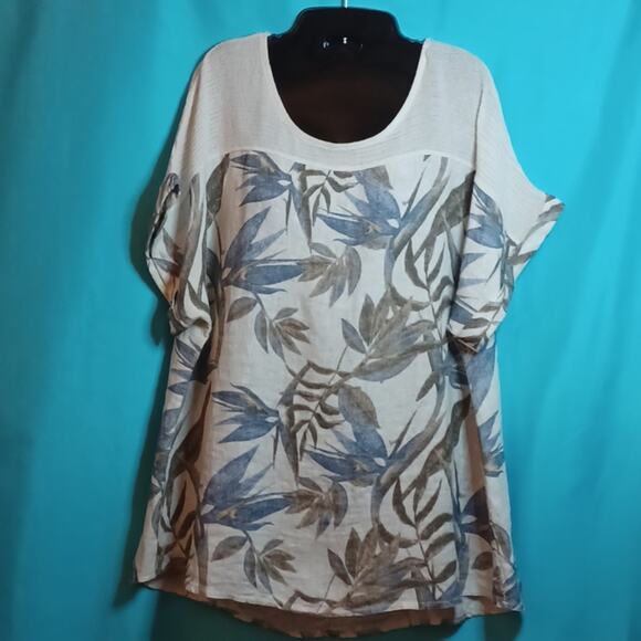 LUNGO L'ARNO Linen Top With Leaves Pattern and High/ Low Bottom. Size 1X - Picture 2 of 15